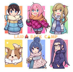 5girls blue_eyes blue_hair chihuahua chikuwa_(yurucamp) dog fang green_eyes hair_bun highres holding holding_knife inuyama_aoi kagamihara_nadeshiko knife light_brown_hair long_hair long_sleeves looking_at_viewer low_twintails multiple_girls oogaki_chiaki open_mouth orange_scarf pink_hair purple_eyes saitou_ena scarf shima_rin side_ponytail single_hair_bun smile thick_eyebrows twintails umenodo winter_clothes yurucamp