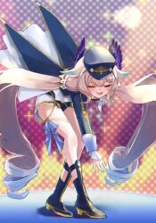 1girl aqua_nails bent_over blush closed_eyes dancing enna_alouette flower hair_flower hair_ornament hat head_wings highres low_twintails nijisanji nijisanji_en nijisanji_idol_uniform peaked_cap shorts smile solo sparkle stage suzuri_(cg6) twintails virtual_youtuber wings