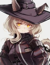 1girl 3_(sanyako1) :3 absurdres animal_ears arknights black_gloves black_hat brown_hair cat_ears cat_girl cat_tail closed_mouth ears_through_headwear gloves grey_background hat haze_(arknights) highres long_hair simple_background smile solo tail upper_body yellow_eyes
