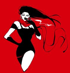 Rule 34 | 1girl, black dress, black hair, cigarette, clamchowder55, closed eyes, cowboy shot, dress, earrings, elbow gloves, floating hair, gloves, hair over one eye, hashtag-only commentary, holding, holding cigarette, hoop earrings, jewelry, jojo no kimyou na bouken, lisa lisa, long hair, red scarf, scarf, smoke, solo