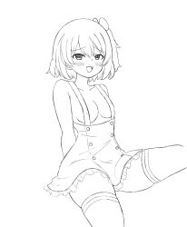 1girl :3 :d arms_behind_back assault_lily blush breasts buttons clover_hair_ornament collarbone commentary_request covered_erect_nipples cowboy_shot fang frilled_skirt frills greyscale hair_ornament high-waist_skirt highres hitotsuyanagi_riri invisible_chair looking_at_viewer medium_breasts monochrome one_side_up open_mouth raised_eyebrows school_uniform short_hair simple_background sitting skirt smile solo suspender_skirt suspenders thighhighs topless_female unu_(yayoinoasagohan) white_background yurigaoka_girls_academy_school_uniform