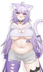 1girl ahoge animal_ear_fluff animal_ears asymmetrical_legwear black_choker blush breasts cat_ears cat_girl choker clothing_cutout cowboy_shot fishnet_thighhighs fishnets grey_shorts heart_cutout highres hololive large_breasts long_hair looking_at_viewer mochigomemcmc navel nekomata_okayu nekomata_okayu_(personya_respect) open_fly open_mouth pantyhose plump purple_eyes purple_hair purple_pantyhose purple_shirt shirt short_shorts shorts simple_background single_leg_pantyhose smile solo stomach thighhighs torn_clothes torn_shorts underboob virtual_youtuber white_background