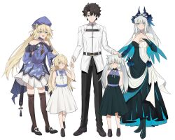 1boy 4girls absurdres artoria_caster_(chinese_ver._8th_anniversary)_(fate) artoria_caster_(fate) artoria_pendragon_(fate) bare_shoulders belt black_dress black_footwear black_hair black_pants blonde_hair blue_dress blue_eyes blue_hat breasts brown_leggings chaldea_logo chaldea_uniform closed_eyes dress family fate/grand_order fate_(series) father_and_daughter fujimaru_alina_(spinecricket) fujimaru_calisto_(spinecricket) fujimaru_ritsuka_(male) green_eyes hand_on_own_chest hat headpat highres holding_hands if_they_mated large_breasts leggings medium_breasts morgan_le_fay_(apex)_(fate) morgan_le_fay_(fate) multicolored_hair multiple_girls noir_(noir_reveur) original pants shirt twintails white_background white_dress white_hair white_shirt