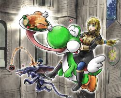 1boy 1girl alien blonde_hair blue_eyes blue_hair brown_footwear male_byleth_(fire_emblem) claws fire_emblem fire_emblem:_three_houses flying food garreg_mach_monastery_uniform green_eyes holding holding_sword holding_weapon ingrid_brandl_galatea mario_(series) maxim_tomato metroid nintendo outdoors plate ponytail ridley shoes sitting super_mario_world super_smash_bros. sword sword_of_the_creator tomato weapon whip_sword wings yellow_eyes yoshi