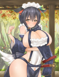 Rule 34 | 1girl, black hair, blush, breasts, brown eyes, cleavage, curvy, embarrassed, female focus, huge breasts, katana, leaning forward, looking at viewer, sengoku bushouki muramasa, short hair, solo, sword, thighs, torii mototada (sengoku bushouki muramasa), wavy mouth, weapon, wide hips, yaman (yamanta lov)