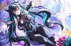 1girl aqua_hair black_bodysuit bodysuit breasts bubble cleavage colored_inner_hair coral covered_navel goddess_of_victory:_nikke hair_intakes highres laevan little_mermaid_(nikke) long_hair multicolored_hair outstretched_arms see-through_cleavage see-through_clothes solo yellow_eyes