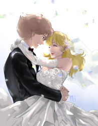 Rule 34 | 0010nya, 1boy, 1girl, black suit, closed eyes, couple, cyborg, cyborg 009, dress, floral bow hair ornament, forehead-to-forehead, formal clothes, francoise arnoul, hair over face, hair over one eye, hands on another&#039;s hips, hands on another&#039;s neck, heads together, looking at another, shimamura joe, smile, suit, wedding dress, white dress
