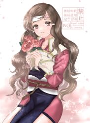 1girl armor bouquet brown_eyes brown_hair fire_emblem fire_emblem_fates flower hana_(fire_emblem) headband highres holding holding_bouquet japanese_armor japanese_clothes jilliannowaki long_hair looking_at_viewer nintendo samurai smile solo