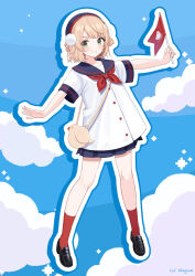 Rule 34 | 1girl, airplane arms, artist name, bag, black shoes, blonde hair, blue sailor collar, blue skirt, blunt bangs, braid, cloud, commentary request, full body, green eyes, grin, hair ornament, hair rings, highres, indie virtual youtuber, loafers, long shirt, looking at viewer, miniskirt, neckerchief, outline, outstretched arm, outstretched arms, pom pom (clothes), pom pom hair ornament, red neckerchief, red socks, sailor collar, self-portrait, shigure ui, shigure ui (vtuber), shirt, shoes, short hair, short sleeves, shoulder bag, side braid, skirt, smile, socks, solo, spread arms, virtual youtuber, white outline, white shirt