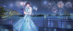 1girl absurdres artist_name blue_hair blush bridge building card city_lights cityscape copyright_name dress feet_out_of_frame fireworks floating_hair fuyutsuki_koharu highres holding holding_card long_dress long_hair long_sidelocks night official_art own_hands_together parted_lips reflection reflective_water ribbon river second-party_source see-through_clothes see-through_skirt sidelocks skirt sleeve_cuffs solo standing tokyo_(city) toumei_na_yoru_ni_kakeru_kimi_to_me_ni_mienai_koi_wo_shita weee_(raemz)