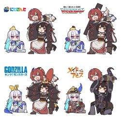 Rule 34 | &gt; &lt;, 3girls, :3, ange katrina, ange katrina (1st costume), animal, animal on head, arm cannon, bird, bird on head, black cape, black jacket, black pants, bondrewd, bondrewd (cosplay), boots, brown eyes, brown hair, brown kimono, cape, chibi, cosplay, feather hair ornament, feathers, godzilla, godzilla: king of the monsters, godzilla (cosplay), godzilla (series), hair intakes, hair ornament, heterochromia, highres, inui toko, inui toko (1st costume), jacket, japanese clothes, kamitoge supino, kimono, king ghidorah, king ghidorah (cosplay), laserbeak, laserbeak (cosplay), lize helesta, lize helesta (1st costume), logo, long hair, lyza (made in abyss), lyza (made in abyss) (cosplay), made in abyss, maid, maid headdress, megatron, megatron (cosplay), monocle, monsterverse, mothra, mothra (cosplay), multiple girls, multiple views, nijisanji, on head, open mouth, ozen, ozen (cosplay), pants, parody, red hair, red jacket, rodan, rodan (cosplay), sebastian piyodore, short hair, shoulder cannon, smile, soundwave (transformers), soundwave (transformers) (cosplay), starscream, starscream (cosplay), tail, transformers, virtual youtuber, wa maid, weapon, white footwear, white hair, worried