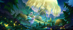 2girls chinnkun fantasy from_behind genshin_impact giant_tree glowing_flower glowing_tree grass landscape lumine_(genshin_impact) mihoyo mountainous_horizon multiple_girls nature night night_sky paimon_(genshin_impact) painterly rock side-by-side sky tree