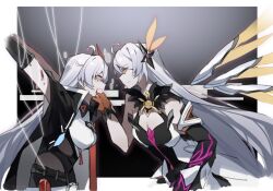 Rule 34 | 2girls, ahoge, black dress, black jacket, blood, blood from mouth, bound, chinese commentary, clenched teeth, commentary, dress, elbow gloves, fur collar, gloves, hair ornament, halter dress, halterneck, hand on another&#039;s chin, highres, honkai (series), honkai impact 3rd, jacket, kiana kaslana, kiana kaslana (herrscher of the void), kiana kaslana (void drifter), long hair, multiple girls, shirt, shiying no yao, teeth, very long hair, white hair, white shirt, wings, yellow eyes