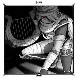bandaged_arm bandaged_leg bandages border commentary english_commentary english_text hair_over_one_eye harp inktober instrument maskedgolem monochrome nintendo pointy_ears red_eyes sheik sheikah solo spot_color surcoat the_legend_of_zelda the_legend_of_zelda:_ocarina_of_time