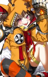 1girl :d ahoge animal_ear_hood arm_on_knee bike_shorts black_shorts black_thighhighs brown_hair commentary_request fake_animal_ears gauntlets gigi_murin gigi_murin_(1st_costume) hair_through_hood hand_up highres hololive hololive_english hood hooded_shrug kito_koruta looking_at_viewer multicolored_hair open_mouth orange_shrug orange_thighhighs pink_eyes sharp_teeth shirt shoes short_hair short_twintails shorts shrug_(clothing) simple_background single_thighhigh sitting smile sneakers solo striped_clothes striped_thighhighs tail teeth thigh_strap thighhighs twintails two-tone_hair v-shaped_eyebrows virtual_youtuber white_background white_shirt white_shoes