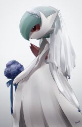 bob_cut bouquet bride creatures_(company) dress elbow_gloves fkfk_ta0ru flower game_freak gardevoir gen_3_pokemon gloves green_hair highres holding holding_bouquet mega_gardevoir mega_pokemon nintendo pink_eyes pokemon pokemon_(creature) signature veil white_dress white_gloves