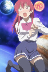 Rule 34 | 1girl, absurdres, anime screenshot, black thighhighs, blue skirt, blush, bow, bowtie, breasts, collared shirt, dot nose, earth (planet), female focus, highres, kanojo mo kanojo, kneehighs, kneeling, long hair, long sleeves, miniskirt, nervous, nervous sweating, open mouth, planet, pleated skirt, red bow, red bowtie, red eyes, red hair, saki saki (kanojo mo kanojo), school uniform, shirt, shirt tucked in, sitting, skirt, small breasts, socks, solo, solo focus, space, sun, sweat, sweatdrop, thighhighs, thighs, white shirt, zettai ryouiki