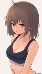 Rule 34 | 1girl, ahoge, black bra, bra, breasts, brown hair, centi mnkt, cleavage, closed mouth, collarbone, cowboy shot, from side, grey background, haruka (centi mnkt), highres, looking at viewer, medium breasts, orange eyes, original, pout, short hair, sidelocks, simple background, solo, training bra, twitter username, underwear, underwear only