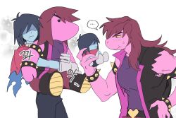 ... 1girl 1other armlet black_jacket blue_hair blue_skin bracelet character_doll closed_mouth colored_sclera colored_skin commentary_request deltarune doll furry furry_female hand_on_own_hip highres holding holding_stuffed_toy jacket jewelry korean_commentary korean_text kris_(deltarune) long_hair purple_hair purple_shirt purple_skin red_scarf reptile_girl scarf shirt sleeveless sleeveless_jacket smile spiked_armlet spiked_bracelet spikes spoken_ellipsis stuffed_toy susie_(deltarune) translation_request ttudolee yellow_sclera
