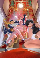 3girls artist_request ass bare_legs bare_shoulders black_hair blonde_hair blue_eyes blue_hair braid breasts character_doll curvy dress embarrassed female_focus floating floating_hair hair_between_eyes hat high_ponytail highleg highleg_leotard highres houshin_engi jumping ko_kibi large_breasts leotard long_hair looking_at_viewer multiple_girls open_mouth ou_kijin pink_hair ponytail revealing_clothes shiny_skin short_hair single_braid smile so_dakki stuffed_toy sweat thong_leotard throne very_long_hair white_leotard