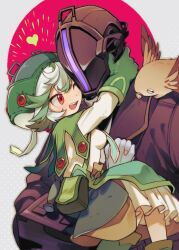 1boy 1girl bondrewd creature creature_on_shoulder gloves green_gloves green_hair green_hat hat heart helmet highres hug looking_at_another made_in_abyss meinya_(made_in_abyss) on_shoulder open_mouth prushka qin_(7833198) red_eyes shirt short_hair white_shirt