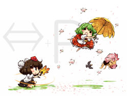 3girls ascot bird black_hair blonde_hair chibi command_input crow gameplay_mechanics green_hair guile hand_fan hat hauchiwa kazami_yuuka lily_white multiple_girls okome_(kome_kuma) parasol parody petals plaid_clothes plaid_skirt plaid_vest revision seed shameimaru_aya shockwave skirt skirt_set solid_circle_eyes sonic_boom_(speed) sonic_boom_(street_fighter) street_fighter street_fighter_ii_(series) tokin_hat touhou umbrella vest white_background wind