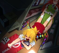 &gt;_&lt; 2girls artist_name black_ribbon blonde_hair blush box braid cardboard_box china_dress chinese_clothes clenched_teeth cloudykeyz commentary content_rating crystal_wings dragging dress english_commentary fang flandre_scarlet green_dress highres hong_meiling indoors kneepits long_hair lying mahou_shoujo_ni_akogarete manga_(object) multiple_girls neck_ribbon on_stomach open_mouth puffy_short_sleeves puffy_sleeves red_dress red_hair red_nails ribbon shop short_sleeves socks teeth thighs tile_floor tiles touhou twin_braids twitter_username white_socks
