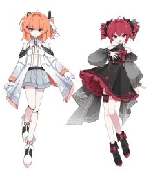 2girls a.i._voice adachi_rei alternate_costume android ankle_boots bare_shoulders belt belt_buckle black_belt black_boots black_dress boots buckle closed_mouth clothing_cutout coat dress drill_hair expressionless frilled_dress frills full_body gloves hair_ribbon hand_on_own_chest highres horns joints kasane_teto long_sleeves looking_at_viewer medium_hair mei_(meiday_mise) multiple_girls one_side_up open_clothes open_coat open_mouth orange_eyes orange_hair red_eyes red_hair ribbon robot_joints shoes short_dress short_shorts shorts shoulder_cutout simple_background smile solo standing thigh_strap twin_drills utau white_background white_coat white_gloves white_ribbon white_shoes