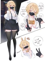 1girl absurdres animal_ears black_gloves black_mask black_necktie black_shoes black_skirt black_thighhighs blonde_hair blush_stickers breasts cleavage collarbone english_text flower genshin_impact gloves grabbing_another&#039;s_breast groping hair_flower hair_ornament highres lumine_(genshin_impact) mask mouth_mask necktie rabbit_ears shirt shoes skirt speech_bubble sweat symbol-shaped_pupils thighhighs twitter_username undone_necktie unosaki2 white_flower white_shirt yellow_eyes