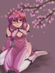 1girl akame_ga_kill! amane_kk boots breasts cherry_blossoms china_dress chinese_clothes cleavage cleavage_cutout clothing_cutout detached_sleeves dress glasses long_hair purple_background purple_dress purple_hair purple_sleeves purple_theme semi-rimless_eyewear sheele sitting solo thighhighs under-rim_eyewear