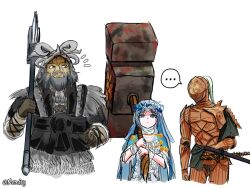 ... 1girl 2boys armor artist_name beard blue_eyes dress elden_ring elden_ring_nightreign executor_(elden_ring) facial_hair full_armor hammer helmet holding holding_hammer holding_weapon multiple_boys nemfry raider_(elden_ring) revenant_(elden_ring) simple_background twitter_username veil war_hammer weapon white_background white_dress