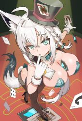 1girl absurdres ahoge alternate_costume animal_ears braid breasts card cl_oor earrings finger_to_mouth fox_ears fox_girl fox_tail gloves hair_between_eyes hat highres holding holding_card hololive jewelry large_breasts leotard long_hair looking_at_viewer playboy_bunny playing_card playing_card_earrings shirakami_fubuki side_braid solo tail top_hat virtual_youtuber white_hair