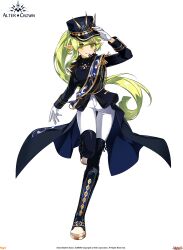 Rule 34 | 1girl, absurdres, black boots, black coat, black hat, blue coat, blue sash, blunt bangs, boots, coat, company name, copyright name, copyright notice, dot nose, dress pants, elf, elsword, epaulettes, full body, game cg, gloves, green eyes, green hair, hand on headwear, happy, hat, headset, highres, hwansang, idol, leg up, light blush, logo, long hair, long sleeves, military hat, military uniform, official alternate costume, official art, open mouth, pants, pointy ears, ponytail, rena erindel, sash, second-party source, shako cap, sleeve cuffs, smile, solo, tachi-e, teeth, thigh boots, transparent background, two-sided coat, two-sided fabric, very long hair, white gloves, white pants