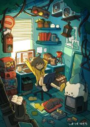 1girl absurdres ahoge air_conditioner arms_up backlighting bandaid bandaid_on_cheek bandaid_on_face bandaid_on_knee bandaid_on_leg black_shorts book cat chair child computer controller crt cup drawing_tablet drawstring game_cartridge game_console game_controller gashapon grey_hair highres hood hoodie indoors industrial_pipe kettle lantern messy_room monitor mug office_chair original plant potted_plant power_strip shelf shimarisu_yukichi shorts single_slipper sitting sitting_backwards slippers socks solo stretching stuffed_toy sunlight super_famicom swivel_chair teacup television traffic_light window window_blinds yellow_hoodie