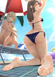 2girls absurdres aqua_eyes aqua_nails arms_up ass barefoot beach beach_chair beach_towel bikini black_bikini blonde_hair blue_bikini blue_sky blunt_bangs blush breasts brown_eyes brown_hair cloud collarbone feet foot_focus from_behind hair_between_eyes halterneck highres hugging_own_legs innertube kneeling knees_together_feet_apart legs long_hair maburoku medium_breasts multiple_girls nail_polish original outdoors palm_tree purple_nails short_hair side-tie_bikini_bottom signature sitting sky smile soles string_bikini swim_ring swimsuit thighs toes towel tree twitter_username