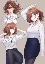 1girl angry arm_up black_pantyhose blue_skirt blush brown_hair closed_mouth crossed_legs hair_between_eyes highres higuchi_madoka id_card idolmaster long_hair looking_at_viewer manche5ter office_lady pantyhose parted_lips pink_eyes shirt sidelocks skirt solo white_shirt