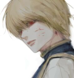1boy androgynous blonde_hair blood blood_on_face blue_tabard close-up closed_mouth commentary donggeu5603223 grey_shirt hashtag-only_commentary highres hunter_x_hunter kurapika looking_to_the_side male_focus red_eyes shirt short_hair solo tabard upper_body yellow_trim