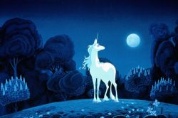 animal anime_screenshot blue_theme fantasy flower full_moon horns looking_back looking_up moon moonlight night no_humans sky standing the_last_unicorn the_unicorn_(the_last_unicorn) tree unicorn white_hair