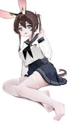 1girl :d absurdres amiya_(arknights) animal_ears aqua_eyes arknights black_neckerchief black_sailor_collar black_skirt brown_hair chinese_commentary commentary feet full_body hair_between_eyes hand_up highres long_hair long_sleeves looking_at_viewer neckerchief no_shoes open_mouth pleated_skirt ponytail sailor_collar school_uniform serafuku shenmi_de_xigua shirt sidelocks simple_background sitting skirt smile soles solo thighhighs toes white_background white_shirt white_thighhighs yokozuwari