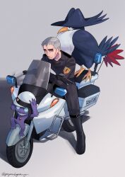 1boy absurdres arms_up belt belt_buckle black_belt black_boots black_pants black_shirt boots buckle chest_jewel closed_mouth collared_shirt frown gem gen_3_pokemon gen_4_pokemon grey_background grey_hair grin helmet highres honchkrow looking_to_the_side male_focus mature_male motor_vehicle motorcycle nanu_(pokemon) nintendo on_motorcycle pants papurikagakusyu patch pokemon pokemon_sm red_eyes red_gemstone red_shirt sableye shirt short_hair short_sideburns shoulder_patch sideways_glance simple_background sitting smile solo teeth thigh_belt thigh_strap wing_collar