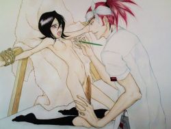abarai_renji angry bdsm black_hair black_legwear bleach blush bondage bound bound_arms feathers forced humiliation kuchiki_rukia molestation nipple_tickling nipples nude paintbrush pubic_hair purple_eyes pussy red_hair socks tickling uncensored zabi2066