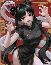 Rule 34 | 1girl, akiii kawa, black dress, black hair, china dress, chinese clothes, chinese zodiac, claw pose, cowboy shot, double bun, dress, earrings, fangs, hair bun, happy new year, highres, jewelry, long hair, looking at viewer, new year, open mouth, original, pankou, red eyes, shanghai neckline, short sleeves, side slit, slit pupils, snake, solo, tassel, tassel earrings, very long hair, white snake, year of the snake