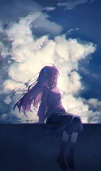 1girl absurdres black_skirt bocchi_the_rock! cloud cloudy_sky gotoh_hitori highres jacket long_hair looking_up morimori_(14292311) outdoors pink_jacket sitting skirt sky twitter_username wind