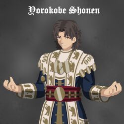 1boy artist_name brown_eyes brown_hair cosplay fate/grand_order fate_(series) grigori_rasputin_(fate) highres jewelry kislev kostaltyn_(warhammer) kostaltyn_(warhammer)_(cosplay) kotomine_kirei light_smile long_sleeves male_focus priest robe smile solo starcaliburn trait_connection warhammer_40k warhammer_fantasy
