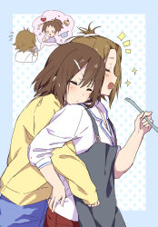 2girls apron aqua_background black_apron blue_pants blush brown_hair cake cake_slice chinese_commentary closed_eyes closed_mouth collared_shirt commentary_request food hair_between_eyes hair_ornament hair_slicked_back highres hirasawa_ui hirasawa_yui holding holding_ladle hug jewelry k-on! ladle multiple_girls open_mouth pants phone red_pants ring shaofangziran shirt short_hair tainaka_ritsu white_background white_shirt yuri