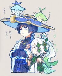 +++ 1boy 1girl aranara_(genshin_impact) ararycan_(genshin_impact) armlet armor belt black_belt black_bodysuit black_bow black_bridal_gauntlets black_hair black_shorts blue_cape blue_hat blue_kimono blue_pupils blue_sleeves blunt_ends bodysuit bow bracelet bridal_gauntlets cape closed_eyes covered_collarbone creature_on_head cropped_legs cropped_torso crossed_arms detached_sleeves dress eyelashes eyeliner eyeshadow facing_to_the_side fingernails genshin_impact gold gold_trim gradient_hair green_cape green_hair green_sleeves hair_ornament han&#039;eri hand_on_own_arm hand_up hat heart heart_hair_ornament height_difference highres ishikoro1645 japanese_armor japanese_clothes jewelry jingasa kimono kote kurokote layered_kimono layered_sleeves long_hair looking_up makeup mandarin_collar multicolored_hair nahida_(genshin_impact) open_clothes open_kimono open_mouth pointy_ears purple_eyes purple_rope purple_sash red_eyeliner red_eyeshadow rope sash scaramouche_(genshin_impact) short_sleeves shorts shoulder_peek side-by-side side_ponytail sidelocks tassel tilted_headwear traditional_media translation_request twitter_username wanderer_(genshin_impact) white_background white_dress white_hair white_kimono white_mouth white_sleeves
