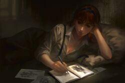 1girl artist_name black_eyes black_pants clair_obscur:_expedition_33 clea_(clair_obscur:_expedition_33) drawing_(action) drawing_(object) feet_out_of_frame head_on_hand highres holding holding_pencil indoors keibleh lying medium_hair on_side pants paper pencil pillow realistic red_hair shirt signature sketchbook solo suspenders white_shirt
