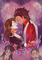 1boy 3girls 79x_(ox79xo) ace_attorney black_necktie blush brown_hair diego_armando formal_clothes highres japanese_clothes kimono maya_fey mia_fey multiple_girls necktie pearl_fey purple_kimono red_shirt scarf shirt vest white_vest yellow_scarf