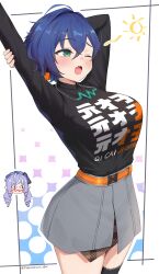 &lt;|&gt;_&lt;|&gt; 2girls ahoge aqua_eyes arm_up artist_name belle_(zenless_zone_zero) belt black_shirt blue_hair breasts clothes_writing commentary grey_skirt hair_intakes highres large_breasts long_sleeves miniskirt multicolored_hair multiple_girls one_eye_closed open_mouth orange_belt peterchuu purple_hair shirt short_hair skirt solo_focus streaked_hair stretching vivian_(zenless_zone_zero) white_hair white_streaks yawning zenless_zone_zero