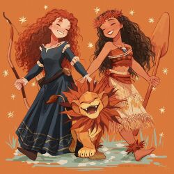 1boy 2girls brave_(pixar) brown_eyes brown_hair company_connection dark-skinned_female dark_skin disney dress flower holding jewelry lion lion_boy long_hair melchencanto merida_(brave) moana_(movie) moana_waialiki multiple_girls orange_hair pixar shirt simba skirt smile white_shirt